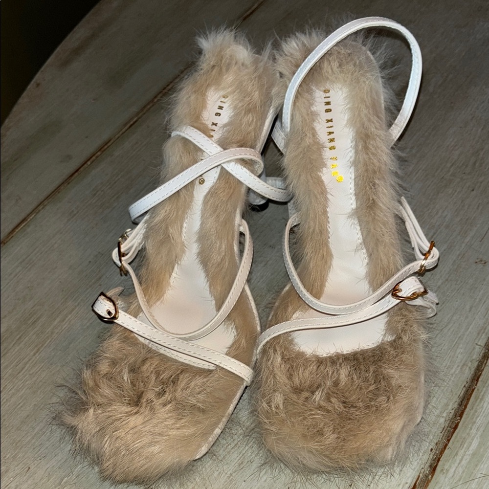 Furry Beige Strappy Heels